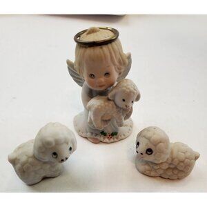 Vintage Enesco Ruth Morehead Holly Babes Angel Figurine 1985 with 2 Lambs SET